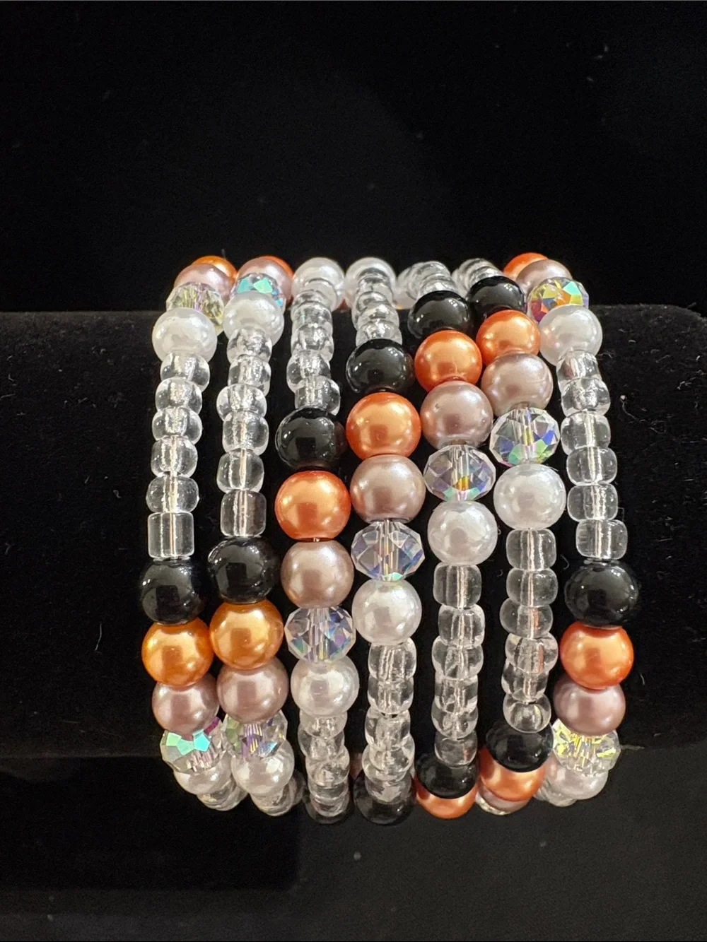 Multi-Strand Glass & Pearl Bead Bracelet - Orange, Black, White